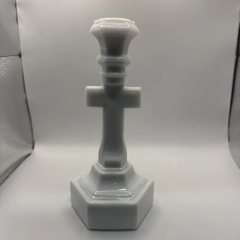 VTG Pressed Milk Glass, Crucifix Candlestick Holder 6 Sided Base *